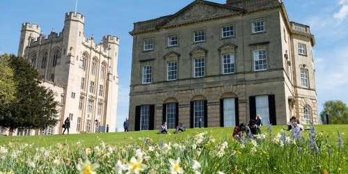 Summertime flowers and view of Royal Fort House